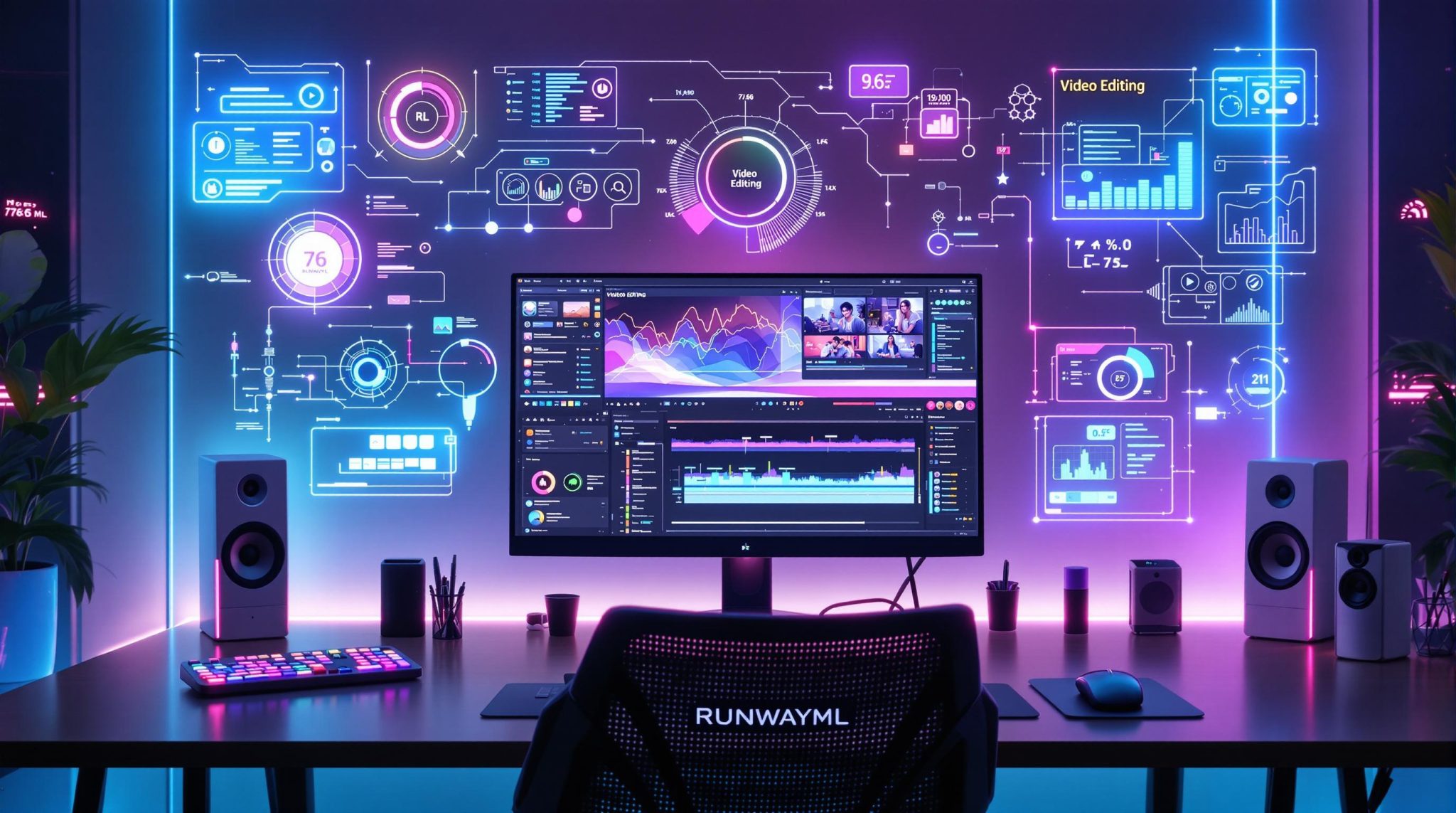 Modern video editing workspace concept illustration featuring a sleek desktop design inspired by RunwayML, showcasing creative and visually appealing elements for a cutting-edge editing environment.