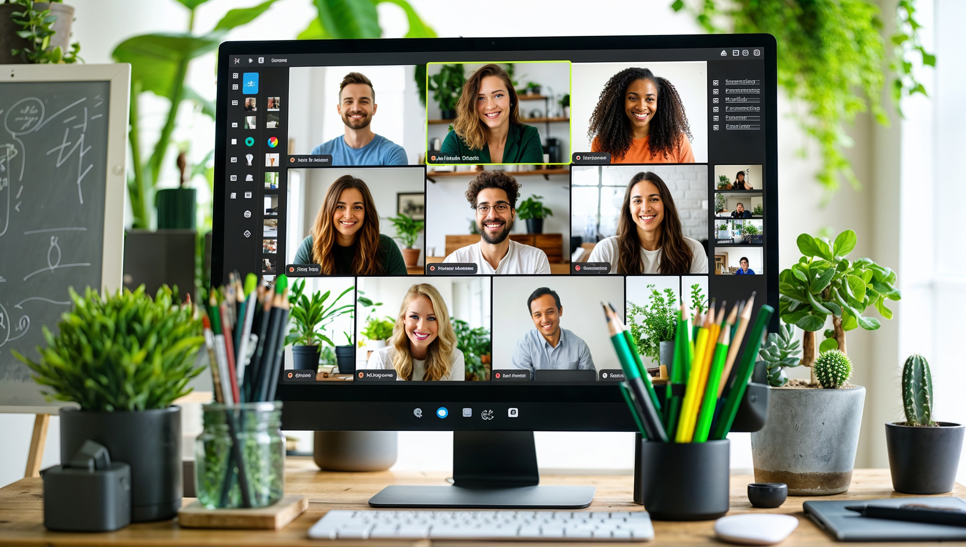 Virtual team meeting displayed on a desktop screen in a bright, plant-filled workspace, featuring a diverse group of professionals collaborating through video conferencing.