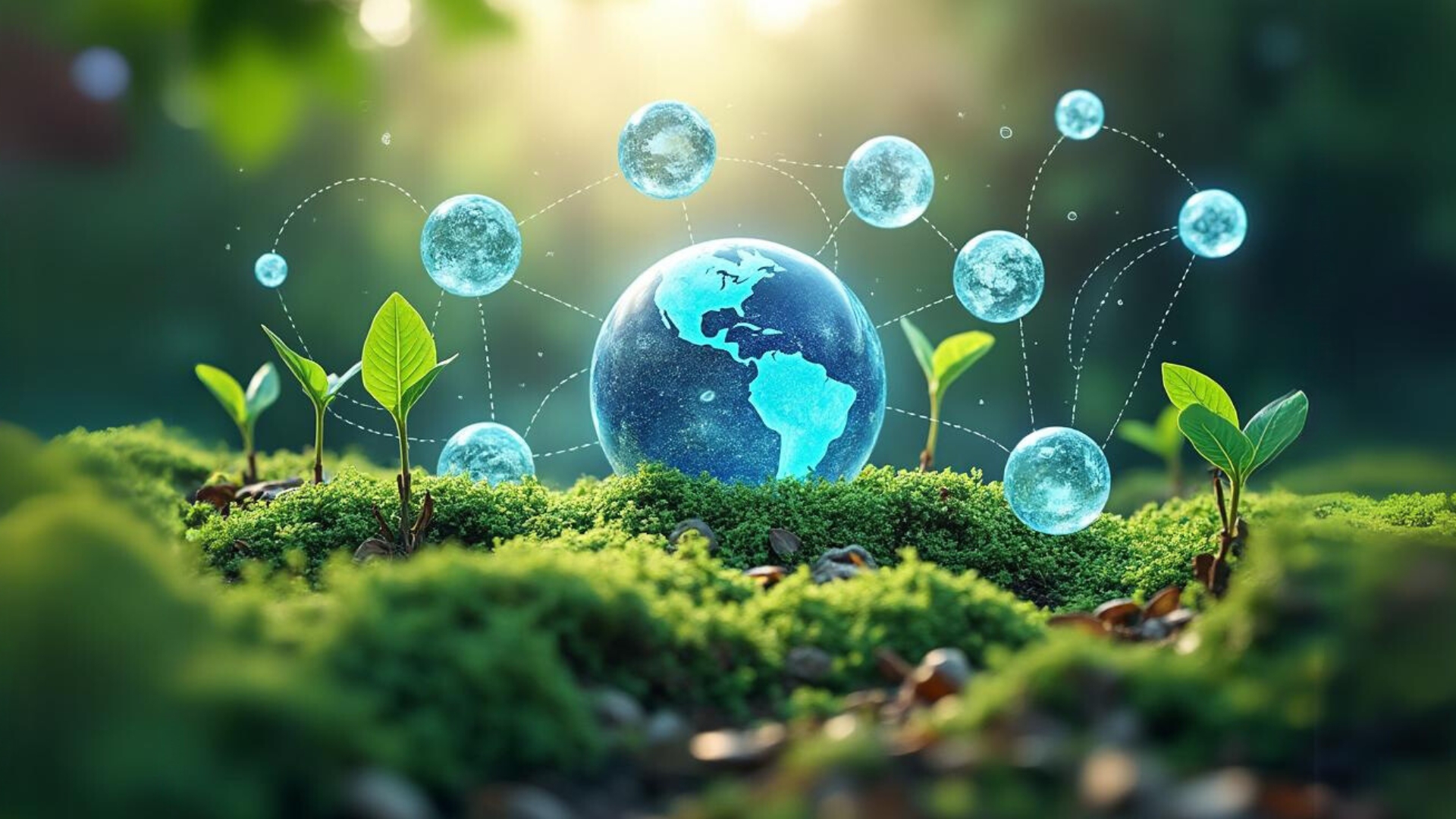 Illustration of a globe surrounded by digital devices with green leaves, encouraging sustainable online practices.