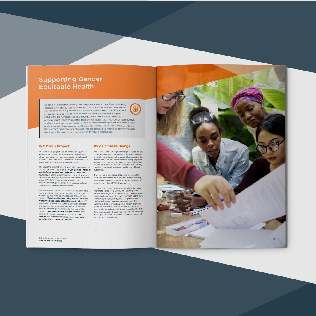 Gender Equity Victoria Annual Report 2021–22 inside spread on gender equitable health featuring group discussion photo, by annual report design agency EDCo.