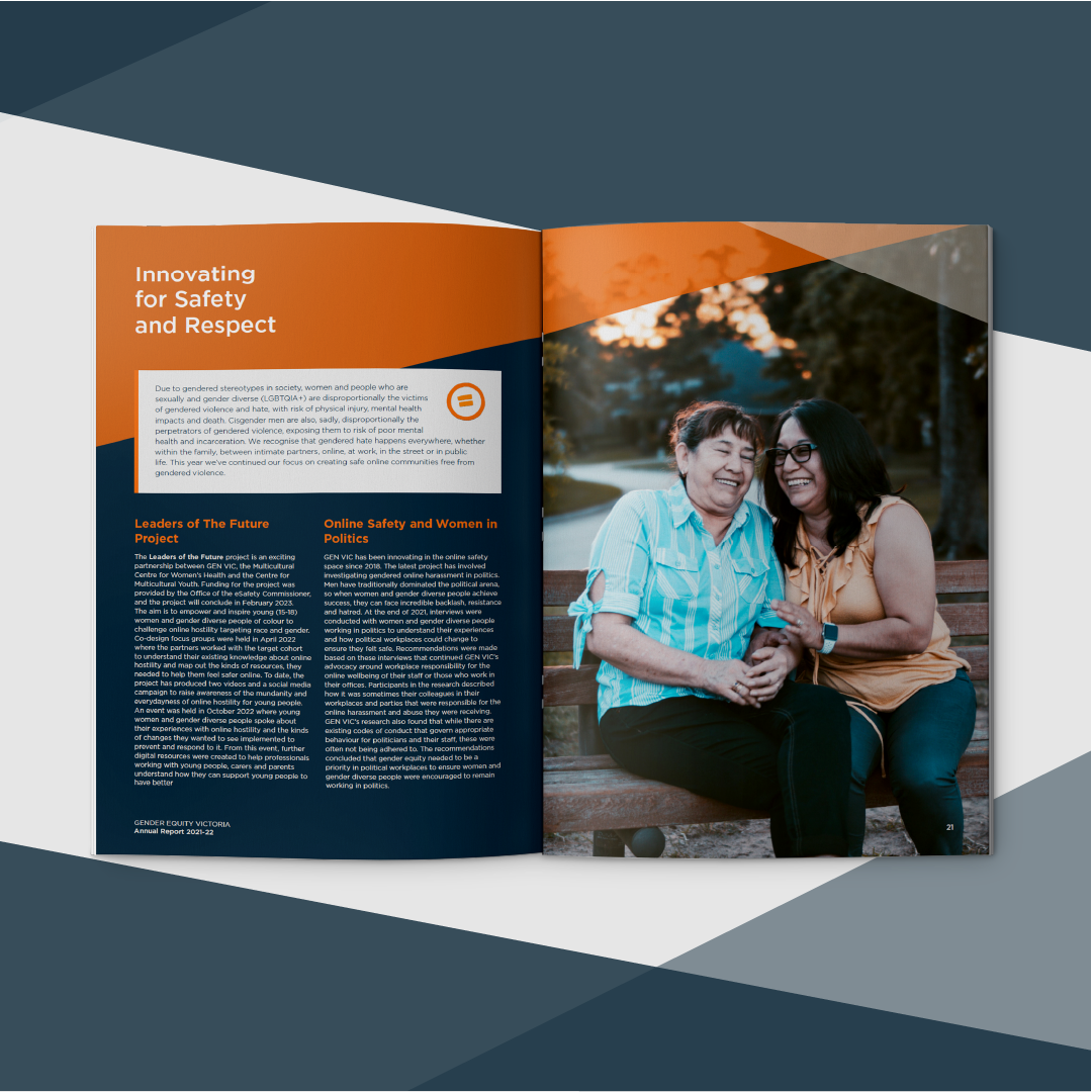 Gender Equity Victoria Annual Report 2021–22 inside spread on safety and respect with photo of two women, by annual report design agency EDCo.