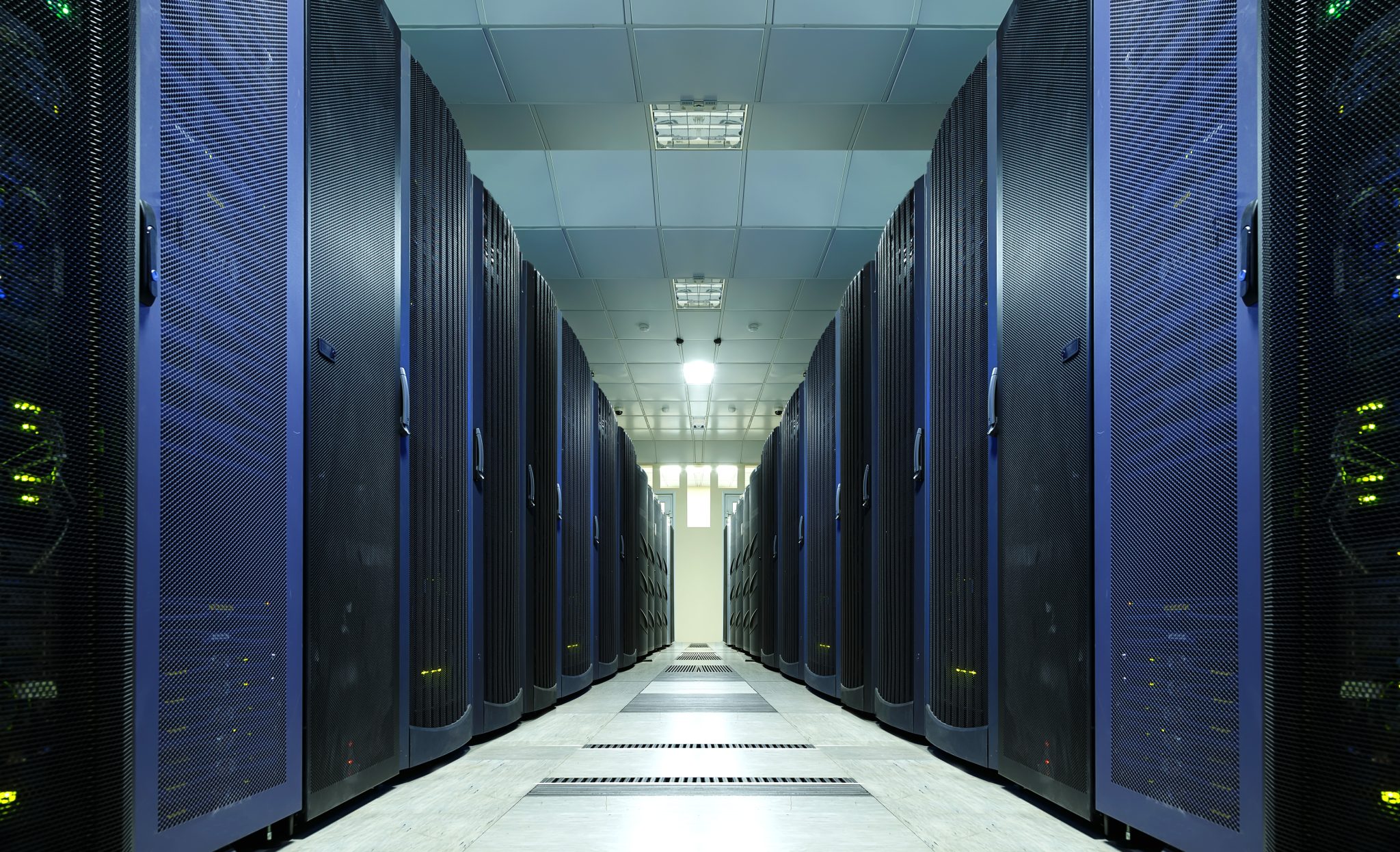 Modern data centre with rows of servers representing cloud storage infrastructure.