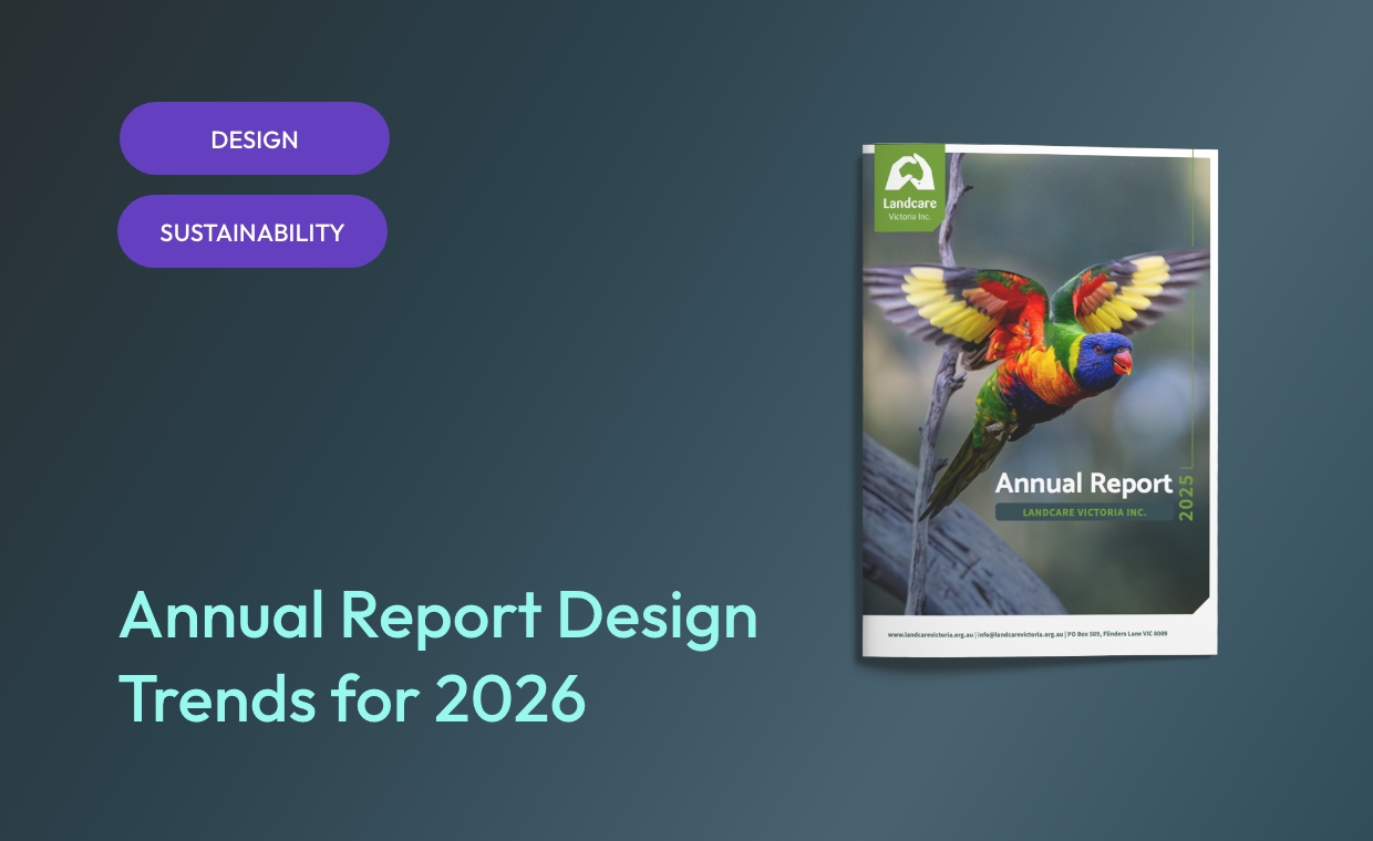 Navy gradient blog featured image displaying “Annual Report Design Trends for 2026” with Landcare Victoria annual report cover and EDCo. branding