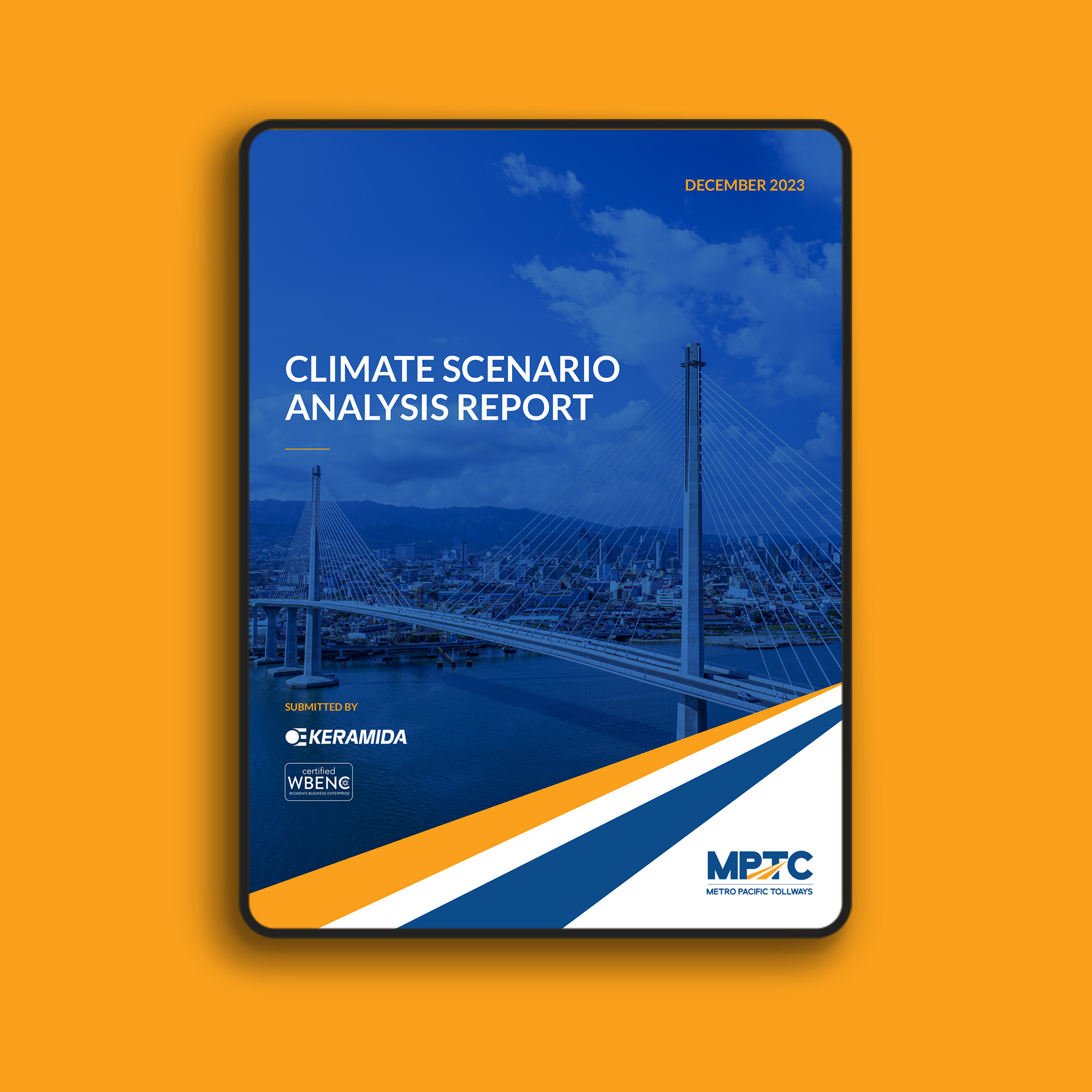 Cover of the MPTC Climate Scenario Analysis Report 2023 featuring a suspension bridge and bold geometric graphics in blue, orange and white.