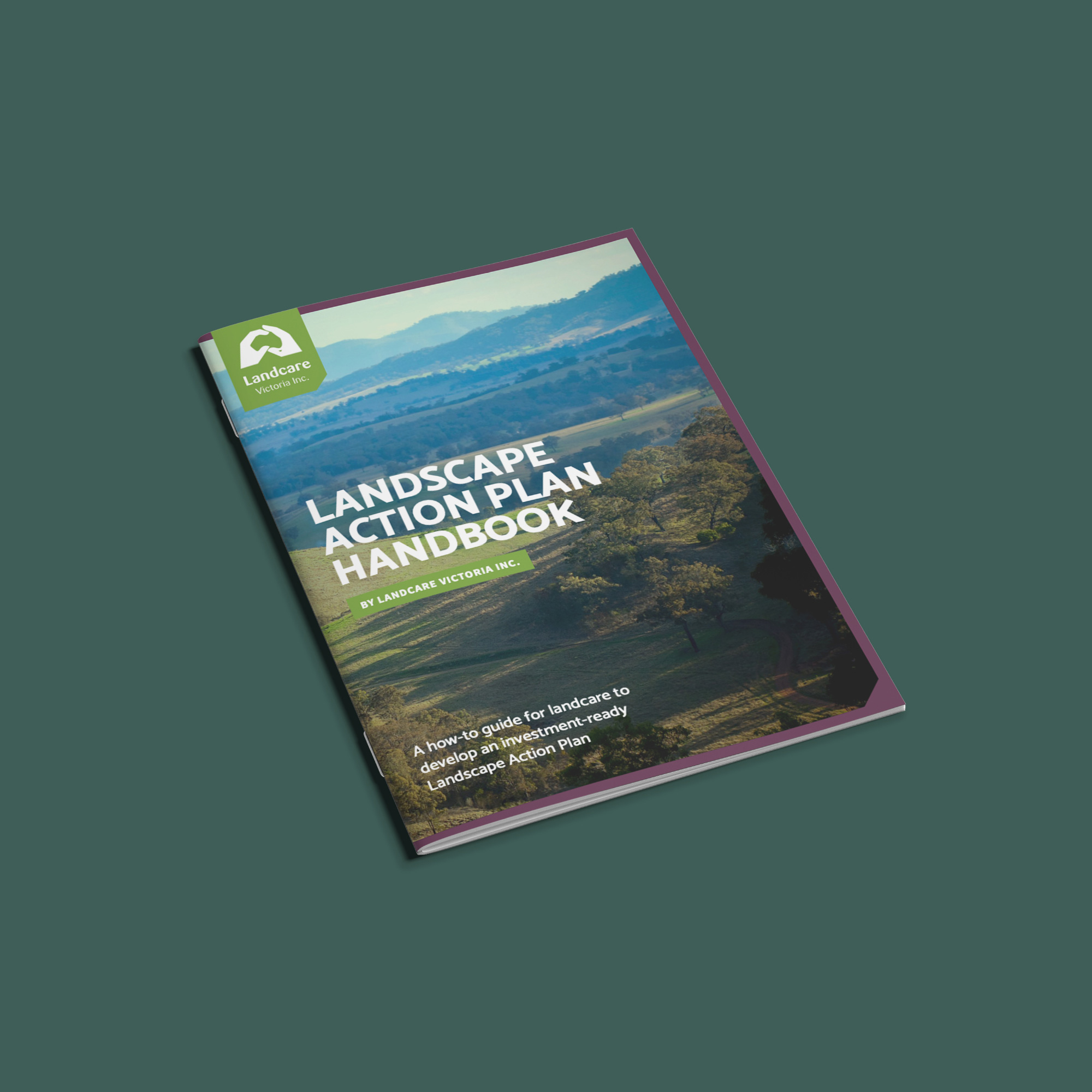 Landcare Victoria Landscape Action Plan Handbook cover design mockup featuring landscape photography