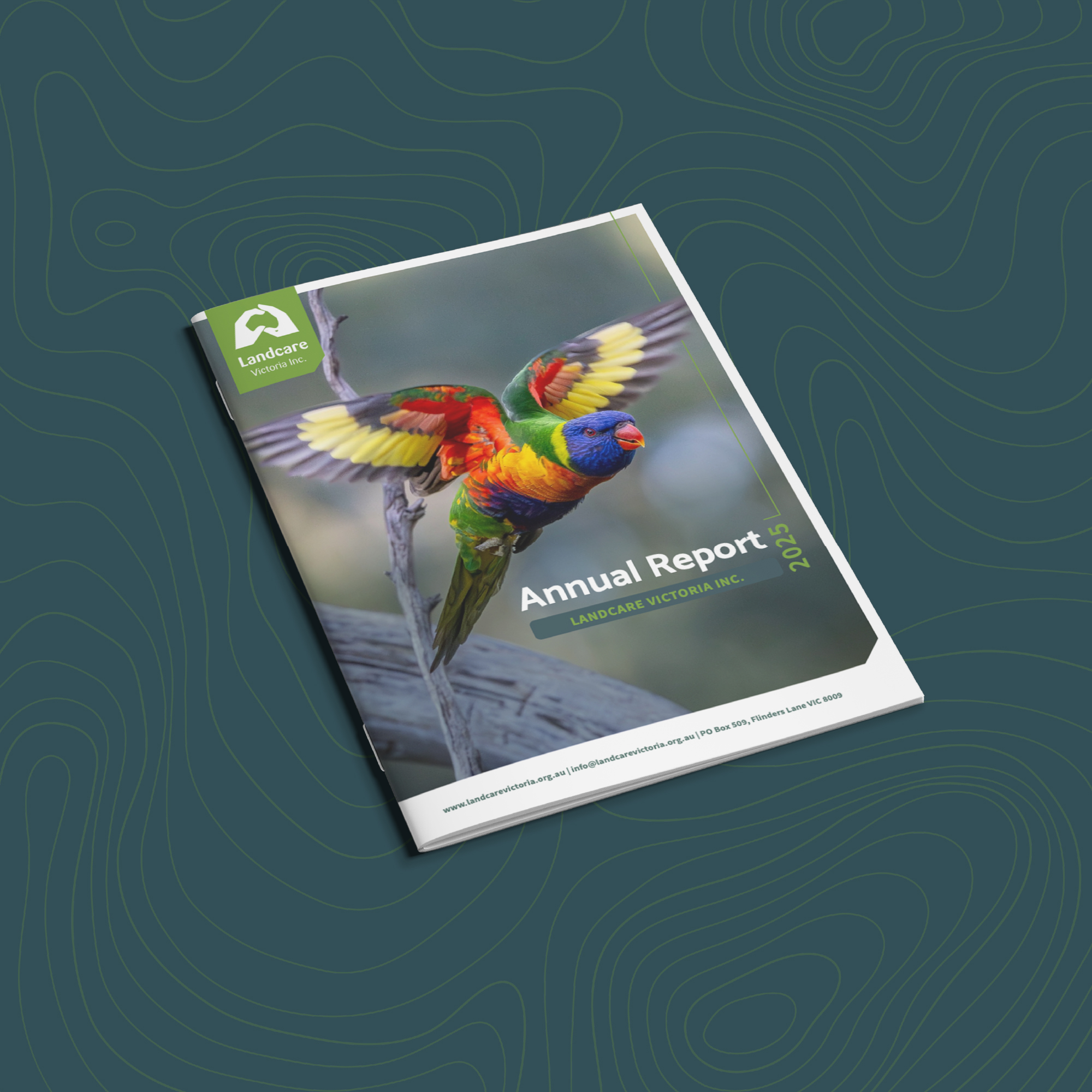 Landcare Victoria Inc. 2025 Annual Report cover featuring rainbow lorikeet photography