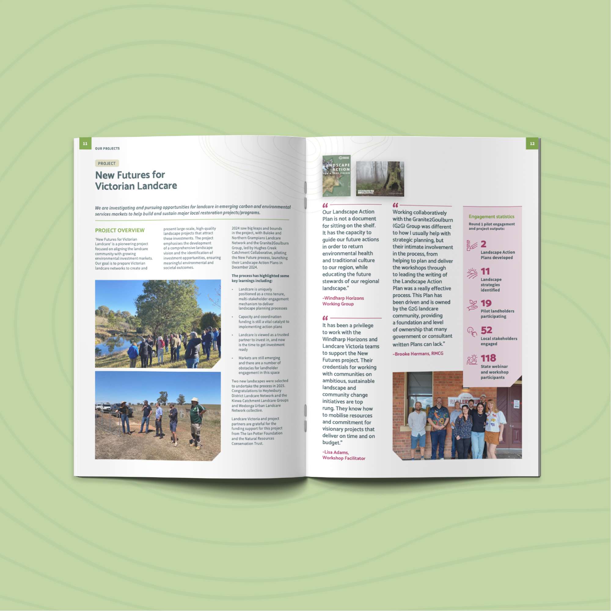 Landcare Victoria Inc. 2025 Annual Report spread showing New Futures project story, impact statistics and community photography