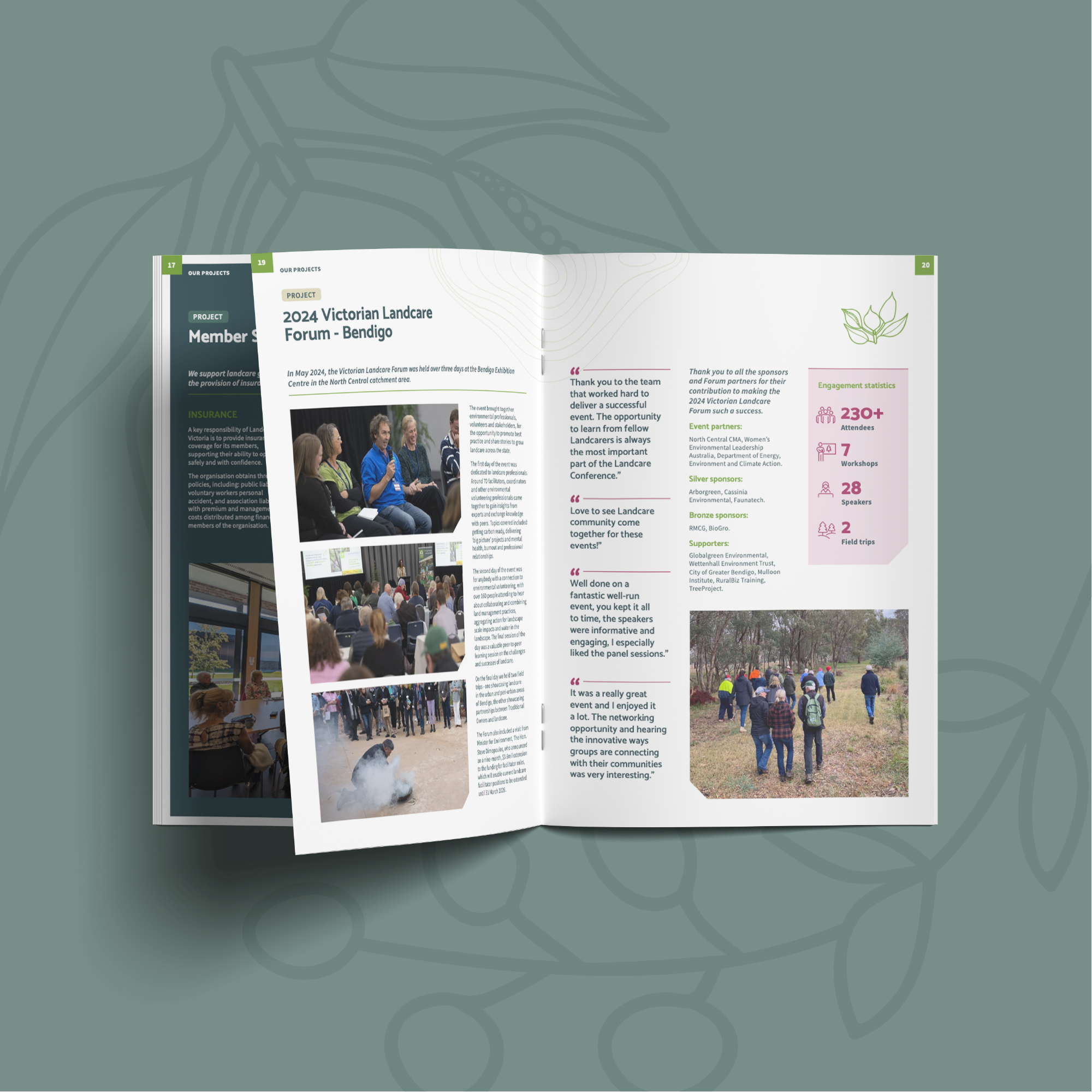 Landcare Victoria Inc. 2025 Annual Report spread showing member services, Victorian Landcare Forum highlights and community engagement photography