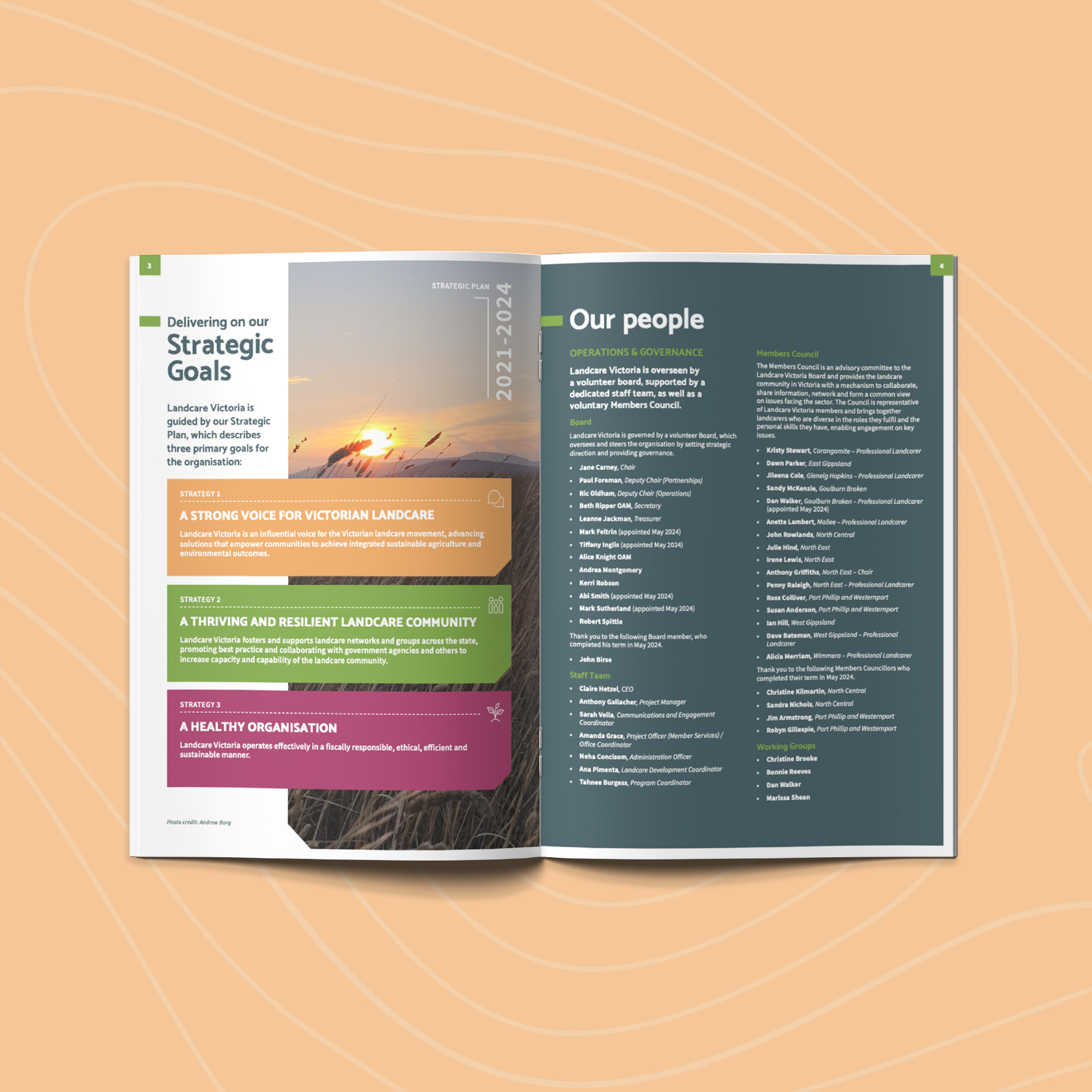 Landcare Victoria Inc. 2025 Annual Report inside spread showing Strategic Goals and Our people section with landscape imagery
