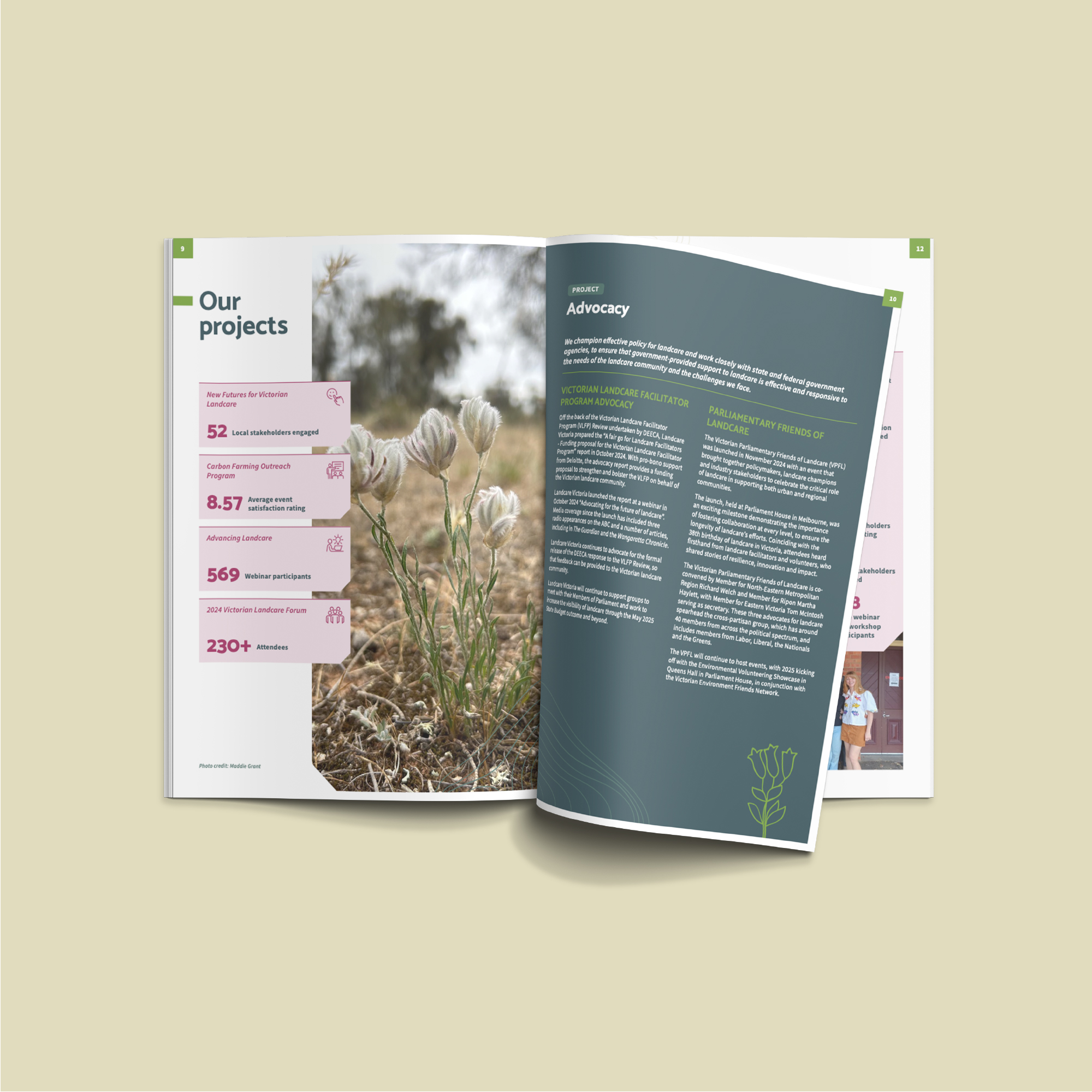 Landcare Victoria Inc. 2025 Annual Report spread showing Our projects and Advocacy sections with native plant imagery