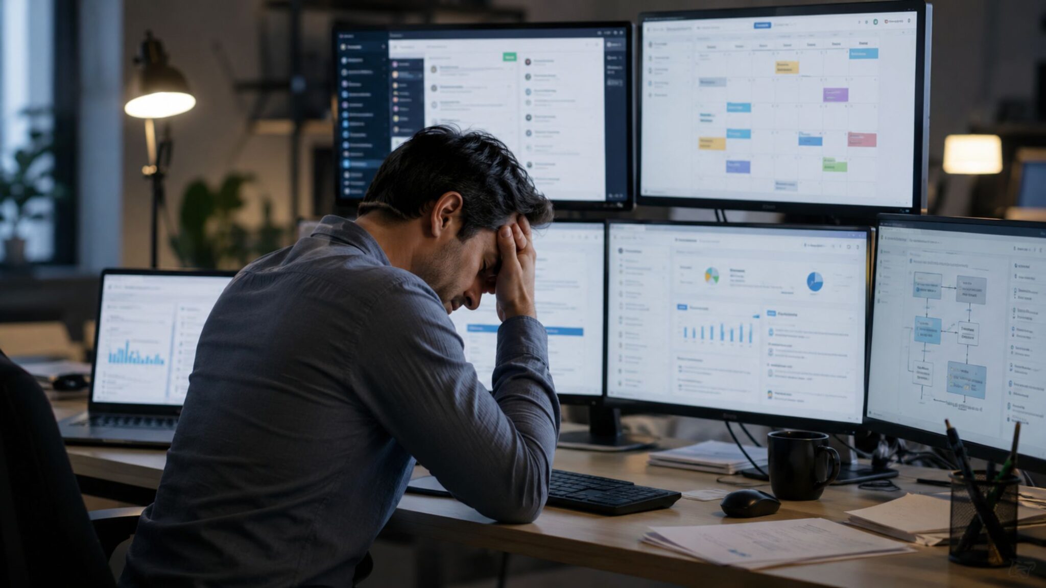 Worker overwhelmed by digital dashboards, notifications, and task reminders across multiple screens