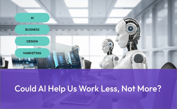 AI robots working at computers – purple gradient blog featured image with EDCo. branding