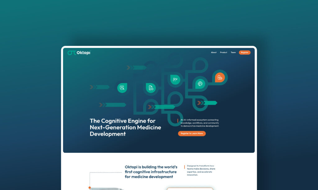 Oktopi website homepage design showing the above-the-fold hero section and platform graphic