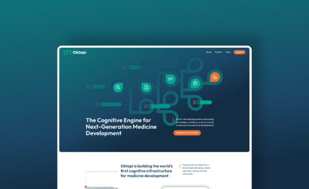 Oktopi website homepage design showing the above-the-fold hero section and platform graphic
