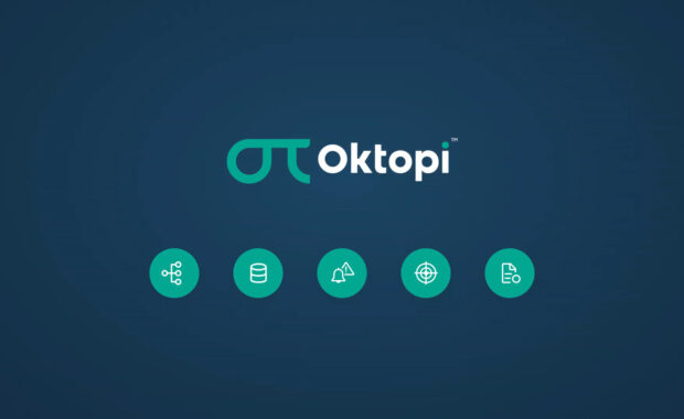 Oktopi logo and platform feature icons on a dark blue background