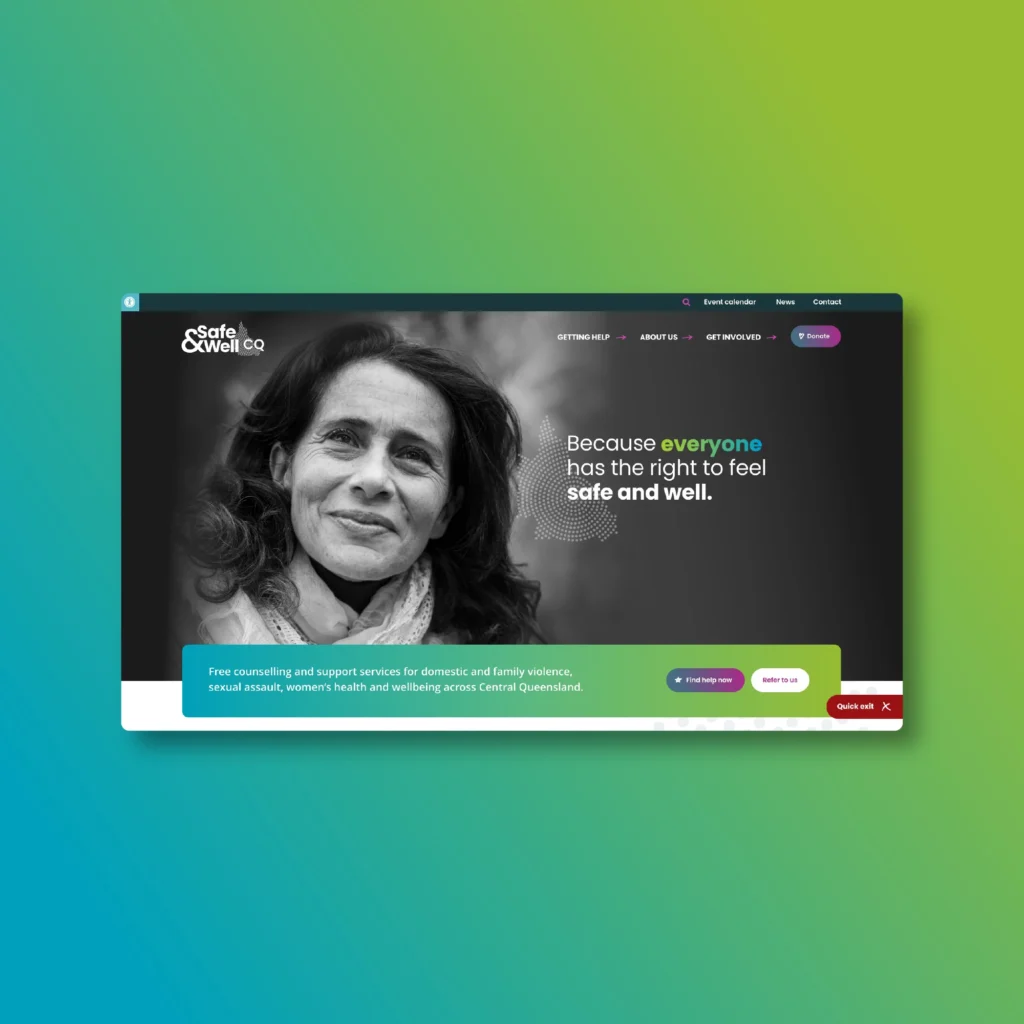 Safe and Well CQ website homepage with a teal and green gradient background