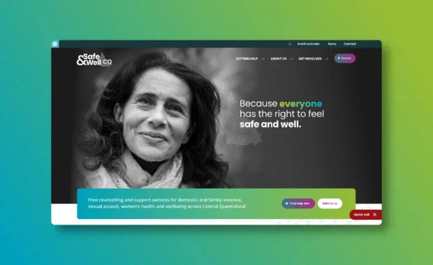 Safe and Well CQ website homepage with a teal and green gradient background