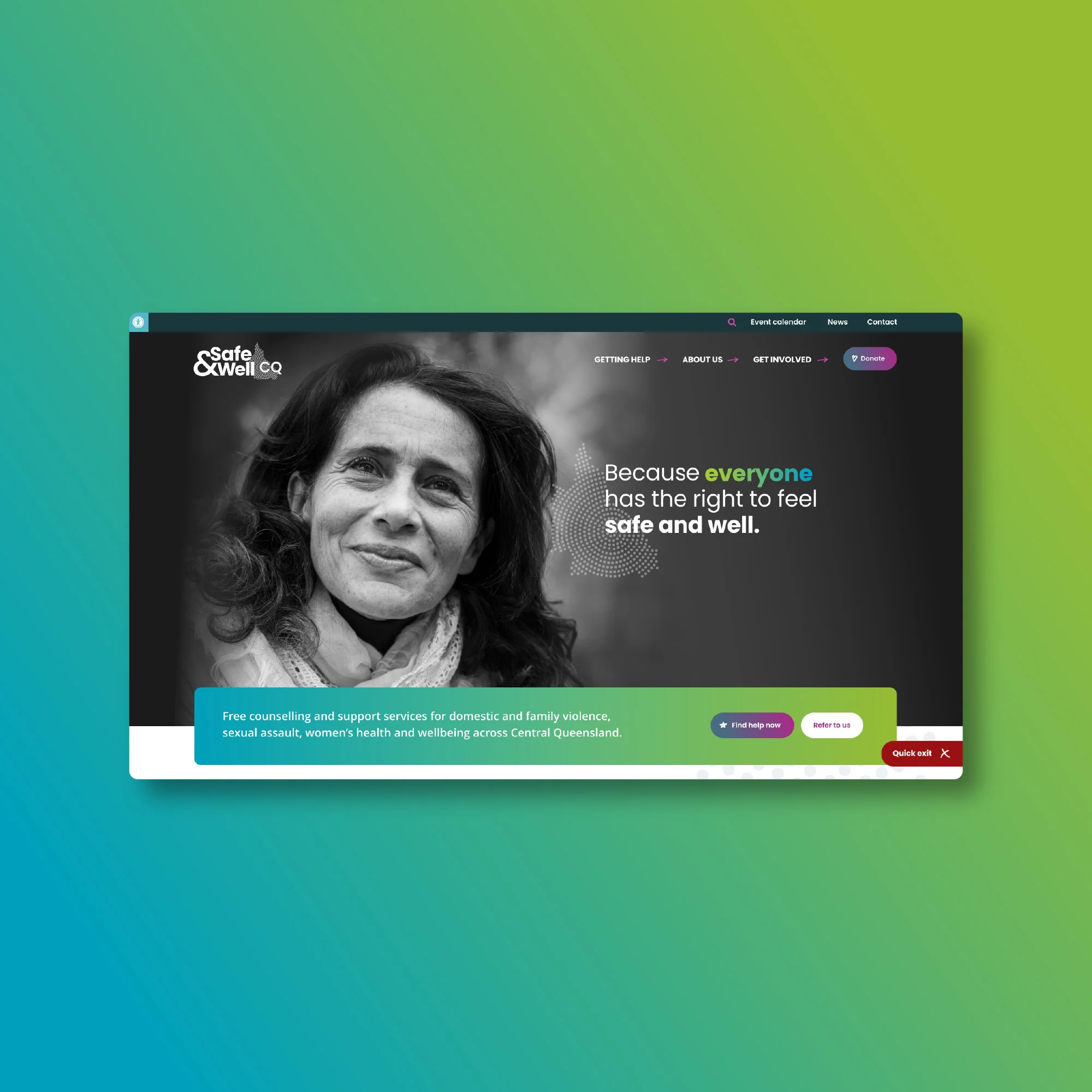 Safe and Well CQ website homepage with a teal and green gradient background